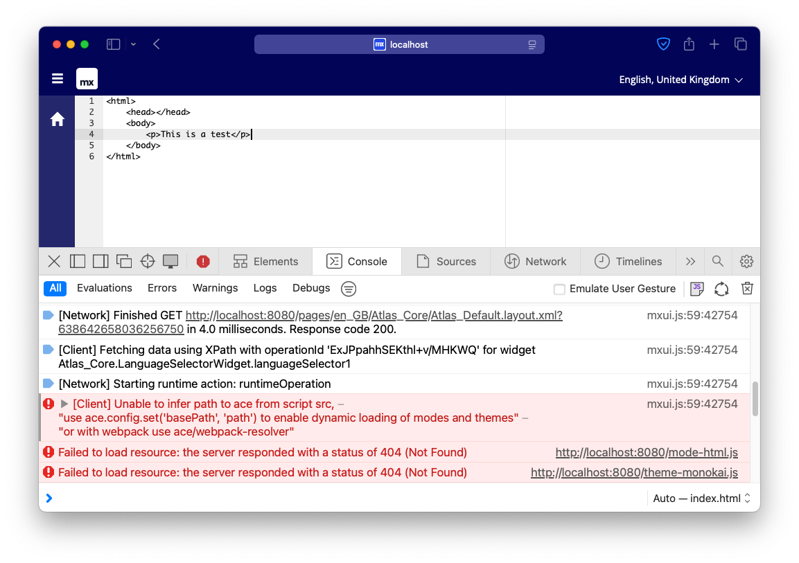 Ace editor in Safari browser showing Mendix app with console errors