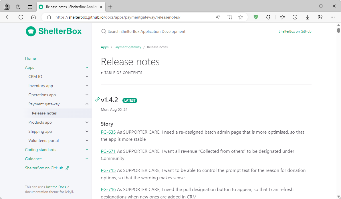 GitHub pages Jekyll site with JustTheDocs theme showing release notes