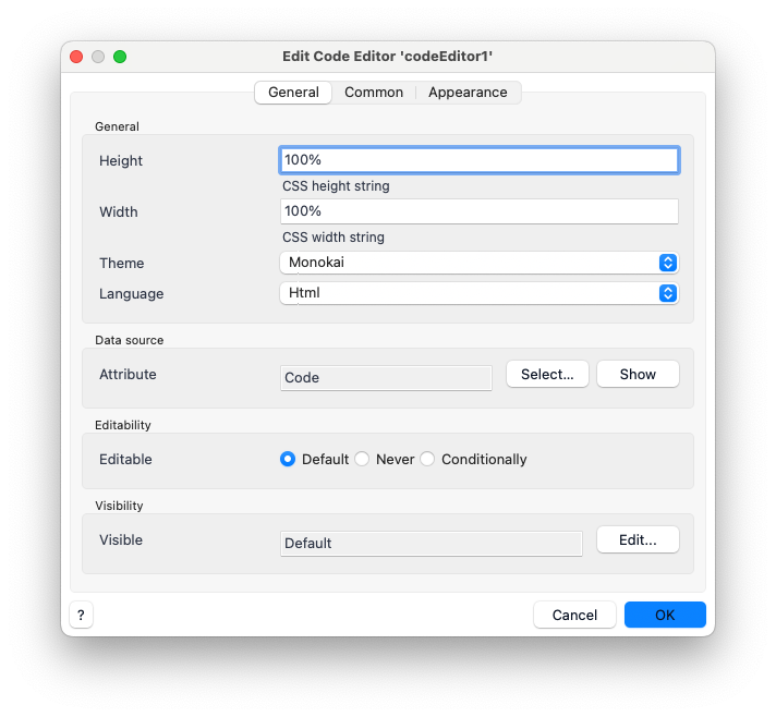 Code Editor widget properties in Studio Pro